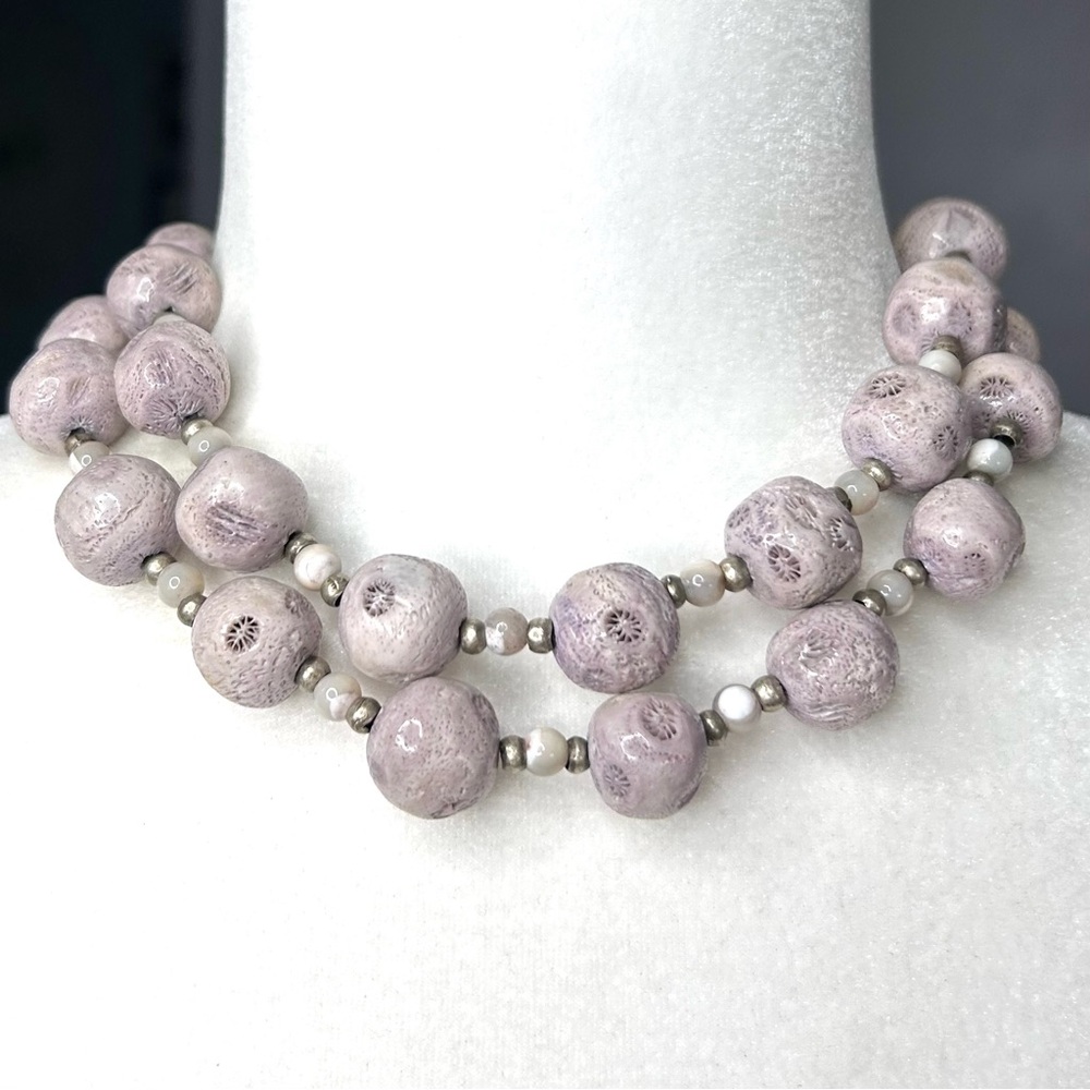 Lavender Fossil Coral Necklace Mother of Pearl Sterling Silver